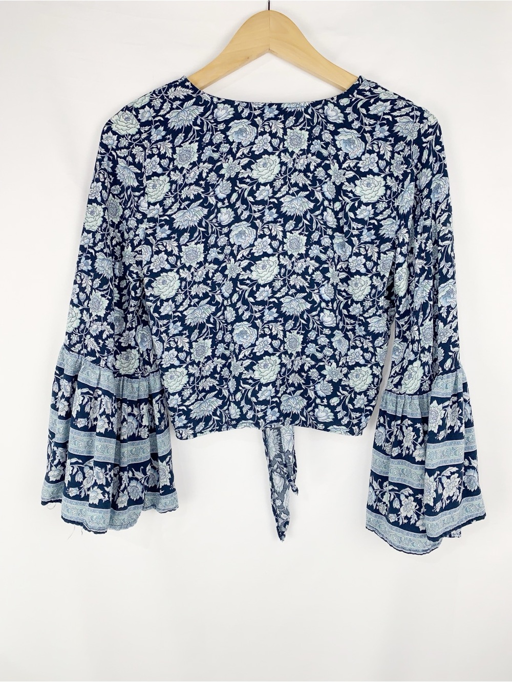 American Eagle Outfitters Boho Bell Sleeve Blouse Blue Floral - Picture 2 of 7